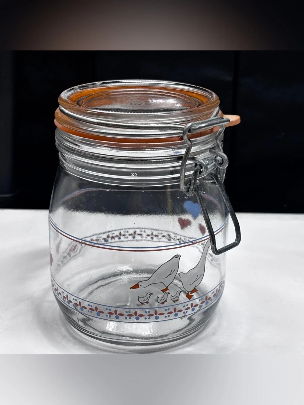 Vintage ARC France Glass Hinged Canister 3/4L Geese & Hearts 80s Country Pastel